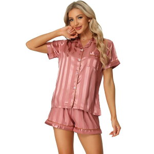 cheibear ���f�B�[�X �A���_�[�E�F�A �i�C�g�E�F�A �V���[�g�p���c �T�e�� cheibear Women'satin Pajamas Nightwear 2pcsleepwear Tops with Shorts Lounge PJ Sets Dark Pink �s���N