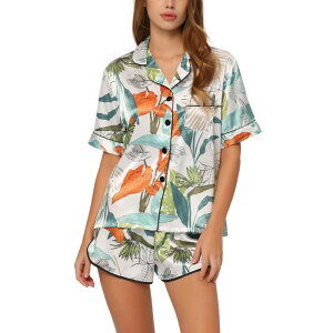 cheibear ���f�B�[�X �A���_�[�E�F�A �i�C�g�E�F�A �V���[�g�p���c �T�e�� cheibear Women'satin Pajamas Nightwear 2pcsleepwear Tops with Shorts Lounge PJ Sets Green White �z���C�g