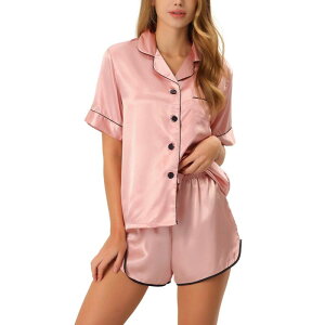 cheibear ���f�B�[�X �A���_�[�E�F�A �i�C�g�E�F�A �V���[�g�p���c �T�e�� cheibear Women'satin Pajamas Nightwear 2pcsleepwear Tops with Shorts Lounge PJ Sets Pink �s���N