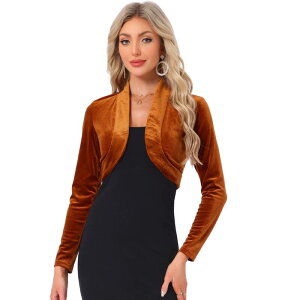�A���O�� �P�[ ���f�B�[�X �g�b�v�X T�V���c �x���x�b�g �N���b�v�h ALLEGRA K Women's Long Sleeve Open Front Velvet Cropped Bolero Shrug Caramel