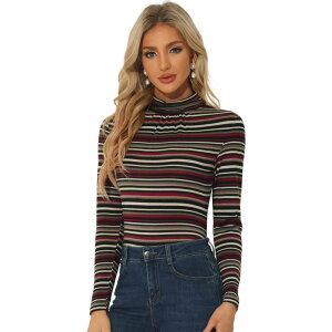 �A���O�� �P�[ ���f�B�[�X �g�b�v�X �V���c �^�[�g���l�b�N ALLEGRA K Women's Long Sleeve Turtleneck Topstretch Slim Party Plaid Shirt Black Striped �u���b�N