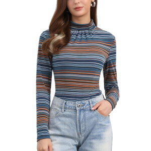 �A���O�� �P�[ ���f�B�[�X �g�b�v�X �V���c �^�[�g���l�b�N ALLEGRA K Women's Long Sleeve Turtleneck Topstretch Slim Party Plaid Shirt Blue Striped �u���[