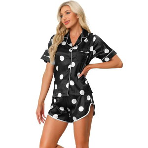 cheibear ���f�B�[�X �A���_�[�E�F�A �i�C�g�E�F�A �V���[�g�p���c �T�e�� cheibear Women'satin Pajamas Nightwear 2pcsleepwear Tops with Shorts Lounge PJ Sets Black Dots �u���b�N