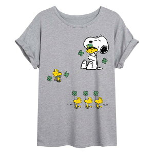 �A�j���L�����N�^�[ ���f�B�[�X �g�b�v�X T�V���c Licensed Character Juniors' Peanutsnoopy & Woodstock Clovers Collage Oversized Tee Heather Gray �O���[