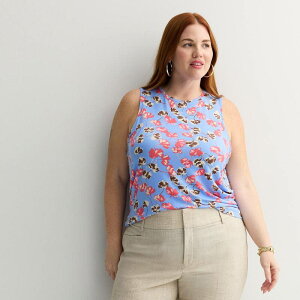 �i�C���E�F�X�g ���f�B�[�X �g�b�v�X T�V���c �v���X�T�C�Y Plusize Nine West Essential Easy High-Neck Tank Blue Luisa Floral �u���[