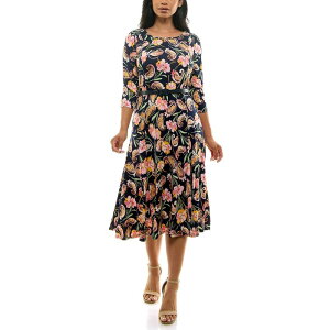 �j�i���I�i���h ���f�B�[�X �g�b�v�X �����s�[�X Women's Nina Leonard Sylvia Three-Quarter Sleeve Beltedress Navy Multi �l�C�r�[