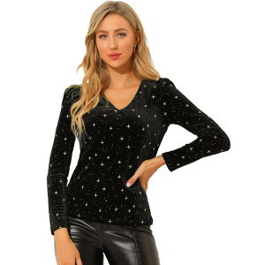 �A���O�� �P�[ ���f�B�[�X �g�b�v�X �V���c V�l�b�N �g�[�� �x���x�b�g ALLEGRA K Women's Velvet V-Neck Long Sleeve Gilding Shiny Metallic Stars Top Black �u���b�N