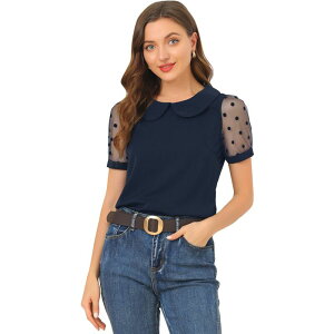 �A���O�� �P�[ ���f�B�[�X �g�b�v�X �V���c ���B���e�[�W �h�b�g ���b�V�� �u���E�X ALLEGRA K Women's Peter Pan Collar Topuff Short Sleeve Vintage Polka Dots Mesh Sleeve Blouse Navy Blue �l�C�r�[