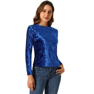 �A���O�� �P�[ ���f�B�[�X �g�b�v�X �V���c �x���x�b�g ALLEGRA K Women's Velvetops Round Neck Long Sleeve Casual T-shirt Royal Blue �u���[