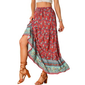 �A���O�� �P�[ ���f�B�[�X �{�g���X�J�[�g �t�����[�� �v�����g �}�L�V �t�����[ ALLEGRA K Women's Boho Skirt Casual Floral Printed Elastic Waist Maxi Skirts Red ���b�h