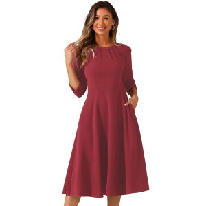 �A���O�� �P�[ ���f�B�[�X �g�b�v�X �����s�[�X A ���C�� �v���[�c �~�f�B ALLEGRA K Elegant Work Dress For Women's 3/4 Sleeve Pleated Round Neck Pockets A-line Swing Midi Dress Dark Red ���b�h