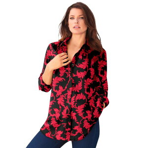 ���A�}���Y ���f�B�[�X �g�b�v�X �V���c �v���X�T�C�Y �R�b�g�� ���� Roaman's Women's Plusize Kate Long-Sleeve Crisp Cotton-Blend Button-Front Shirt Vivid Red Feather ���b�h