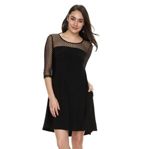 �j�i���I�i���h ���f�B�[�X �g�b�v�X �����s�[�X ���b�V�� Women's Nina Leonard Mesh Yoke Trapeze Dress Black Lace Dot �u���b�N