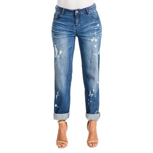 �|�G�e�B�b�N �W���X�e�B�X ���f�B�[�X �{�g���X �f�j���p���c �W�[���Y Poetic Justice Women's Curvy Fit Bleach Spots Rolled Cuff Boyfriend Jeans Blue Hurricane �u���[