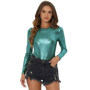 �A���O�� �P�[ ���f�B�[�X �g�b�v�X �V���c �g�[�� ALLEGRA K Metallic Shirts For Women'sparkly Disco Party Shiny Tops Blue Shiny �u���[