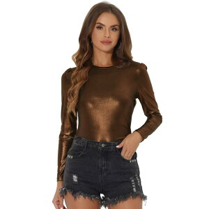 �A���O�� �P�[ ���f�B�[�X �g�b�v�X �V���c �g�[�� ALLEGRA K Metallic Shirts For Women'sparkly Disco Party Shiny Tops Brown Gold �u���E��