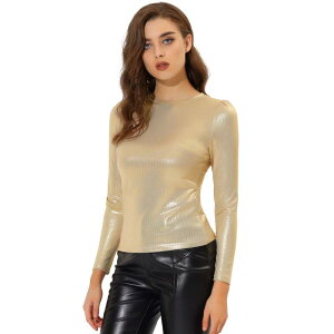 �A���O�� �P�[ ���f�B�[�X �g�b�v�X �V���c �g�[�� ALLEGRA K Metallic Shirts For Women'sparkly Disco Party Shiny Tops Gold Shiny �S�[���h