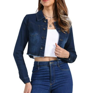 �A���O�� �P�[ ���f�B�[�X �A�E�^�[ �W���P�b�g�E�u���]�� �N���b�v�h �f�j�� ALLEGRA K Women's Long Sleeves Button up Frayed Hem Croppedenim Jacket Nightfall Blue �u���[