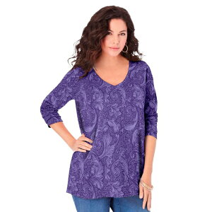 ���A�}���Y ���f�B�[�X �g�b�v�X T�V���c V�l�b�N �v���X�T�C�Y Roaman's Women's Plusize Ultimate Long Sleeve V Neck Tee Violetched Filigree �o�C�I���b�g