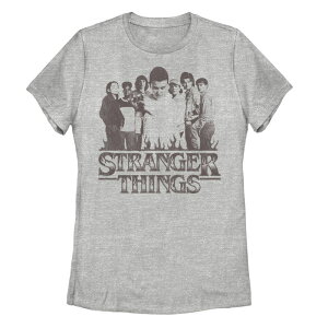 �A�j���L�����N�^�[ ���f�B�[�X �g�b�v�X T�V���c ���S �O���t�B�b�N Licensed Character Juniors' Stranger Things Fire Logo Main Characters Graphic Tee Athletic Heather �w�U�[