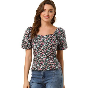 �A���O�� �P�[ ���f�B�[�X �g�b�v�X �V���c �t�����[�� �u���E�X �t�����[ ALLEGRA K Women'sleeve Square Neck Peasant Floral Blouse Top Black �u���b�N