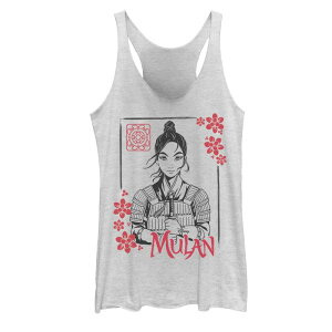 �f�B�Y�j�[ ���f�B�[�X �g�b�v�X T�V���c �t�����[�� �t�����[ Disney's Mulan Live Action Floral Ink Portrait Juniors' Tank Top White Heather �z���C�g
