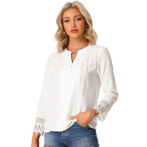 �A���O�� �P�[ ���f�B�[�X �g�b�v�X �V���c �u���E�X ���[�X ALLEGRA K Boho Blouse For Women Half Button Placket Long Sleeve Lace Crochet Blouses White �z���C�g