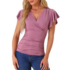 �A���O�� �P�[ ���f�B�[�X �g�b�v�X �V���c V�l�b�N �t���� �u���E�X ALLEGRA K Faux Wrap Blouse for Women Summer V-Neck Ruffle Sleeve Casual Top Blouse Purple �p�[�v��