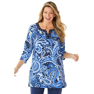 �E�[�}�� �E�B�Y�C�� ���f�B�[�X �g�b�v�X T�V���c �v���X�T�C�Y Woman Within Plusize 7-Day Three-Quarter Sleeve Grommet Notch Tunic Navy Paisley �l�C�r�[
