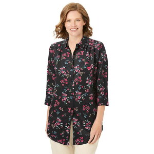 �E�[�}�� �E�B�Y�C�� ���f�B�[�X �g�b�v�X �V���c �v���X�T�C�Y Woman Within Plusize No Iron Three-Quarter Sleeve Peachskin Shirt Black Floral �u���b�N