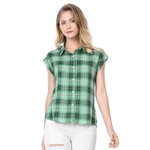 �A���O�� �P�[ ���f�B�[�X �g�b�v�X �V���c �{�^���_�E�� �L���b�v ALLEGRA K Women's Point Collar Short Cap Sleeves Plaids Button Down Shirt Green �O���[��