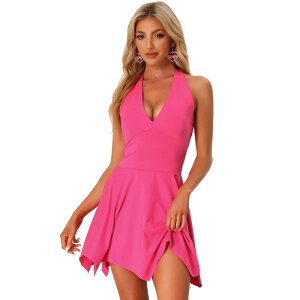 �A���O�� �P�[ ���f�B�[�X �g�b�v�X �����s�[�X V�l�b�N �~�j �m�[�X���[�u �z���^�[ ALLEGRA K Women's Halter Deep V Neck Sleevelesskater Mini Dress Rose Red ���b�h