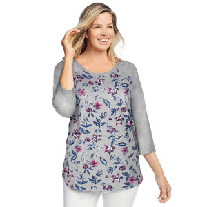 �E�[�}�� �E�B�Y�C�� ���f�B�[�X �g�b�v�X T�V���c �v���X�T�C�Y Woman Within Plusize Three-Quarter Sleeve Baseball Tee Heather Grey Floral �O���[