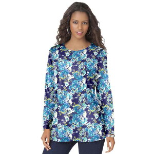 ���A�}���Y ���f�B�[�X �g�b�v�X T�V���c �N���[�l�b�N �v���X�T�C�Y �R�b�g�� Roaman's Women's Plusize Cotton Ultimate Long Sleeve Crewneck Tee Navy Bouquet �l�C�r�[