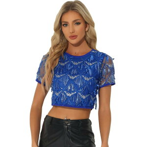 �A���O�� �P�[ ���f�B�[�X �g�b�v�X �V���c �g�[�� ALLEGRA K Women's Metallic Pattern Short Sleeves Party Crop T-shirt Royal Blue �u���[