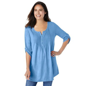 �E�[�}�� �E�B�Y�C�� ���f�B�[�X �g�b�v�X T�V���c �v���X�T�C�Y Woman Within Plusize 7-Day Three-Quarter Sleeve Pintucked Henley Tunic French Blue �u���[