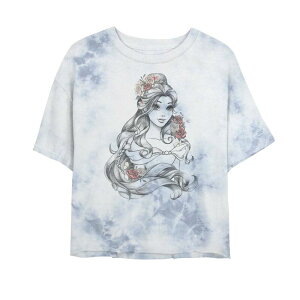 �f�B�Y�j�[ ���f�B�[�X �g�b�v�X T�V���c �O���t�B�b�N Juniors' Disney Princess Beauty & The Beast Belle Drawing Rose Bombard Wash Crop Graphic Tee White Blue �z���C�g