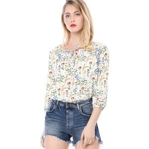 �A���O�� �P�[ ���f�B�[�X �g�b�v�X �V���c �t�����[�� �u���E�X �t�����[ ALLEGRA K Women's Bow Tie Neck 3/4 Raglan Sleeve Floral Blouse Tops White �z���C�g