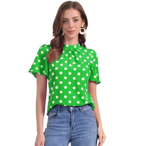 �A���O�� �P�[ ���f�B�[�X �g�b�v�X �V���c �h�b�g �u���E�X ALLEGRA K Women's Polka Dots Blouse Stand Collar Pleat Keyhole Back Short Flare Sleeve Tops Green �O���[��