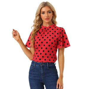 �A���O�� �P�[ ���f�B�[�X �g�b�v�X �V���c �h�b�g �u���E�X ALLEGRA K Women's Polka Dots Blouse Stand Collar Pleat Keyhole Back Short Flare Sleeve Tops Red ���b�h