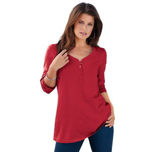���A�}���Y ���f�B�[�X �g�b�v�X T�V���c �v���X�T�C�Y Roaman's Women's Plusize Ultimate Long Sleeve Henley Tee With Sweetheart Neck Classic Red ���b�h