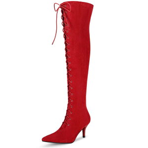 �A���O�� �P�[ ���f�B�[�X �V���[�Y �u�[�c�E���C���u�[�c ���[�X �q�[�� ALLEGRA K Women's Thigh Boots Lace Up Stiletto Heel Over Knee High Boots Red ���b�h
