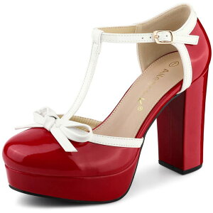 �A���O�� �P�[ ���f�B�[�X �V���[�Y �p���v�X �v���b�g�t�H�[�� �q�[�� ALLEGRA K Women's Platform Bow T Strap Chunky Heels Pumps Red ���b�h