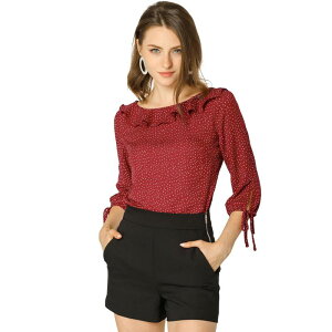 �A���O�� �P�[ ���f�B�[�X �g�b�v�X �V���c ���B���e�[�W �h�b�g �t���� �u���E�X ALLEGRA K Women's Vintage 3/4 Sleeve Tops Boat Neck Ruffled Polka Dots Blouse Wine Red ���b�h