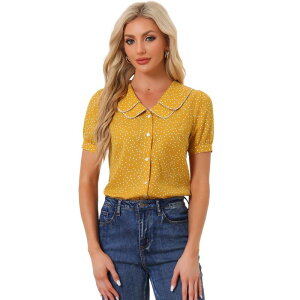 �A���O�� �P�[ ���f�B�[�X �g�b�v�X �V���c �h�b�g ALLEGRA K Women's Polka Dots Peter Pan Collar Short Sleeve Summer Shirtop Mustard �}�X�^�[�h