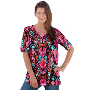 ���A�}���Y ���f�B�[�X �g�b�v�X T�V���c V�l�b�N �v���X�T�C�Y �R�b�g�� Roaman's Women's Plusize Cotton Ultimate V-Neck Tee Black Boho Ikat �u���b�N