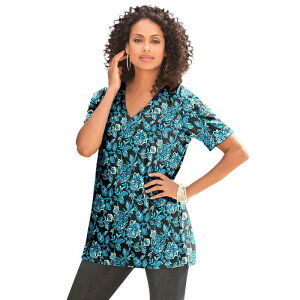 ���A�}���Y ���f�B�[�X �g�b�v�X T�V���c V�l�b�N �v���X�T�C�Y �R�b�g�� Roaman's Women's Plusize Cotton Ultimate V-Neck Tee Black Watercolor �u���b�N