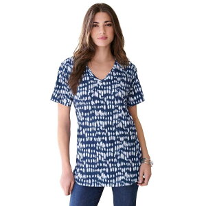 ���A�}���Y ���f�B�[�X �g�b�v�X T�V���c V�l�b�N �v���X�T�C�Y �R�b�g�� Roaman's Women's Plusize Cotton Ultimate V-Neck Tee Navy Ikatexture �l�C�r�[