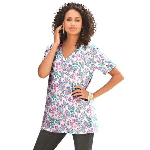 ���A�}���Y ���f�B�[�X �g�b�v�X T�V���c V�l�b�N �v���X�T�C�Y �R�b�g�� Roaman's Women's Plusize Cotton Ultimate V-Neck Tee Pink Watercolor Floral �s���N