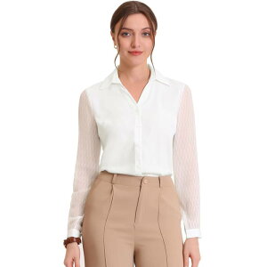 �A���O�� �P�[ ���f�B�[�X �g�b�v�X �V���c V�l�b�N ���b�V�� �u���E�X ALLEGRA K V Neck Blouse for Women's Lapel Collar Mesh Panelantern Sleevelegant Office Work Shirt White �z���C�g